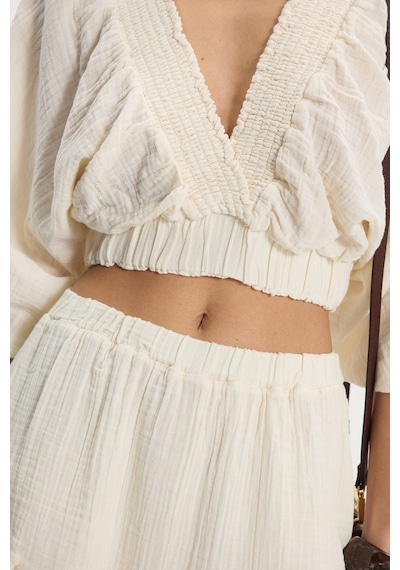 Tudors Kadın Oversize Geniş Kesim %100 Pamuk Kruvaze Yaka Crop Fırfırlı Ekru Şort Etek Takım-50561