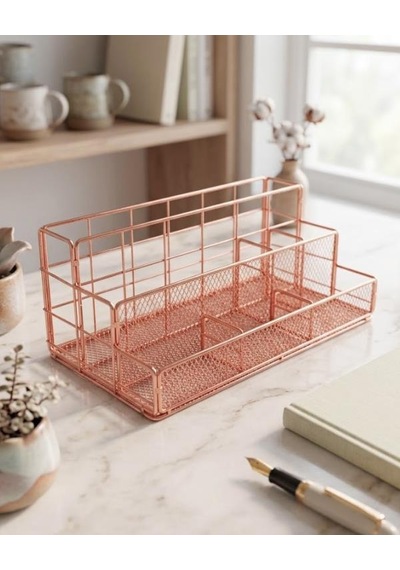 Temel Rose Gold Metal Mesh Masaüstü Organizer Çok Bölmeli 27x14x11 Cm