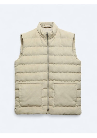 Bej Regular Fit Dik Yaka Casual Dokuma Spor Yelek Bej