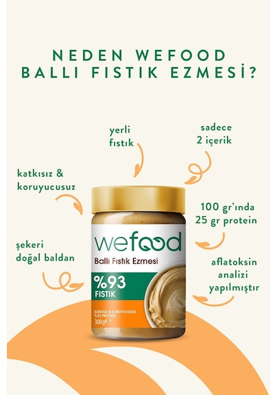 Wefood Şekersiz Ham Ballı Fıstık Ezmesi 300 gr (Fıstık Parçacıklı).