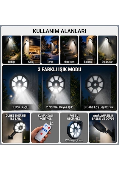 168b Solar Led Büyük Dış Mekân Lambası, Hareket Sensörlü, Kumandalı, 3 Modlu Ultra Parlak Cob Işık, Su Geçirmez Kablosuz Duvar Apliği 5570 Diğer