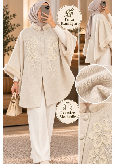 Genel Markalar Novea Scarf Krem Papatya İşlemeli Kürklü Triko Panço Krem - 942424639 Krem