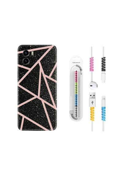 Vivo Y15S Kılıf Kablo Koruyuculu Pembe Şeritli Mermer 1312