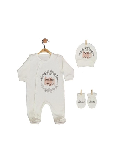 Pia Baby Gl 1908-01 İsme Özel Üçlü Tulum Set Krem