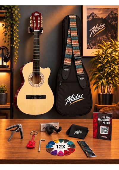 Midex Cg-395nt Natural Renk Kesik Klasik Gitar 4/4 Yetişkin Boy Sap Ayarlı Full Set
