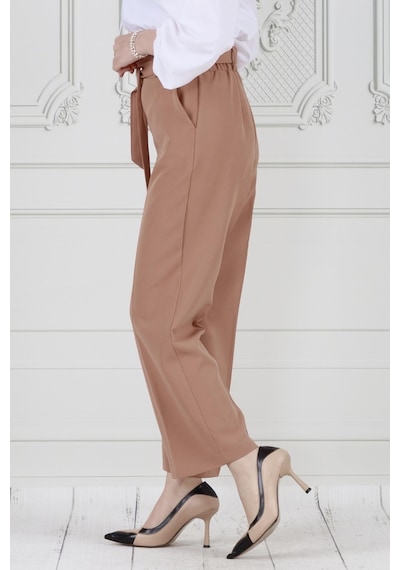 Sevitli Beli Bağlamalı Bol Paça Pantolon-vizon-3665-vizon Vizon