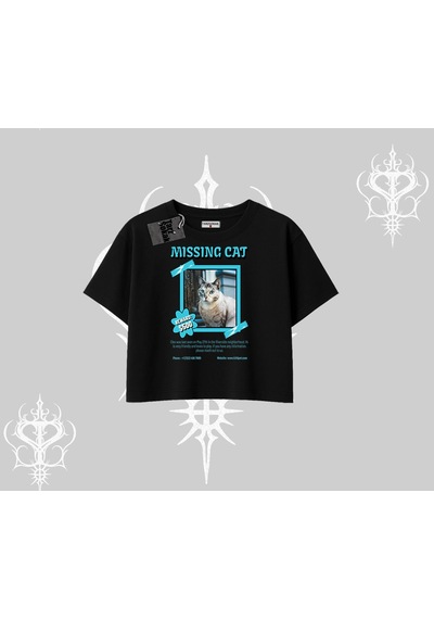 Tarzsokak Missing Cat Baskılı Oversize Crop Tshirt Siyah