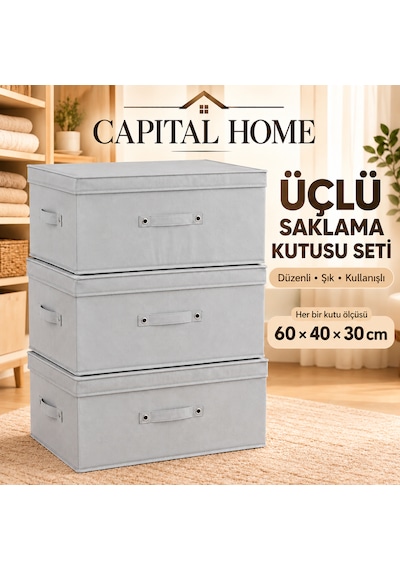 Capital Home 3'lü Set Çok Amaçlı Düzenleyici Hurç + Saklama Kutusu +kapaklı Büyük Boy 60 X 40 X 30 Cm Gri
