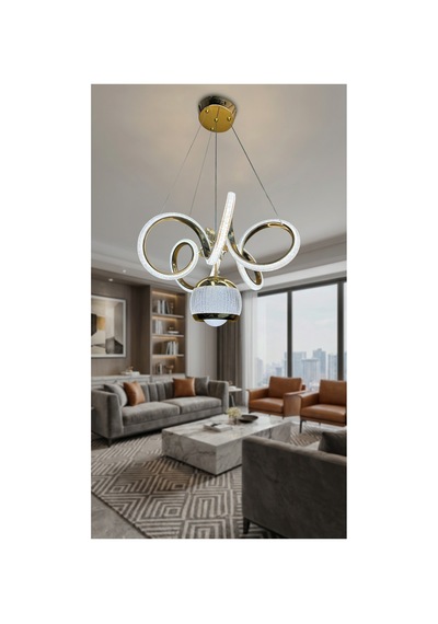 Kıvrım Tekli Simli Yakamoz Top Modern Sarkıt Led Avize Kumandalı Gold Gold