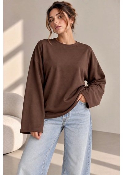 Bb Butik Basic Kadın Modal Oversize Bisiklet Yaka Sweatshirt Zg3535 Kahverengi
