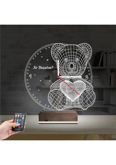 Luvivia Ayıcık Kalp Tasarım Kişiye Özel Saatli 3d Lamba - Masa Gece Lambası Şeffaf