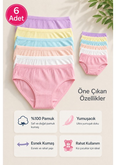 Bebelove Kız Çocuk %100 Pamuklu Ribana Külot 6'lı Paket Yumuşak Esnek İç Giyim Karışık Renk