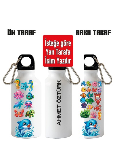Çocuklar İçin Plaj Deniz Figür Baskılı Kancalı Metal Suluk-600ml Beyaz