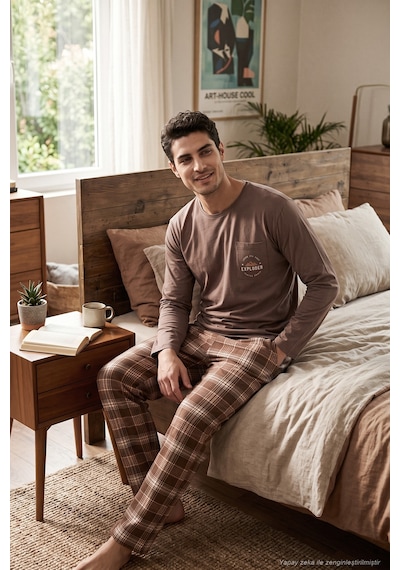Buratti Ekoseli Pamuklu Bisiklet Yaka Pijama Takımı Erkek Pijama Takımı 6575007 Kahve