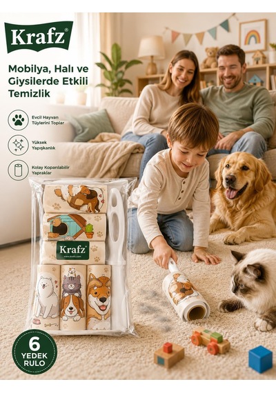 Krafz Kedi Köpek Tüy Toplama Rulosu Seti 1 Ana Rulo + 5 Yedek Rulo, Evcil Hayvan Tüyü, Saç Ve Kıl Temizleme Diğer