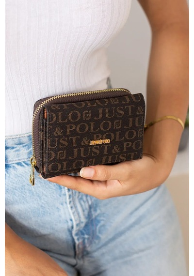Just Polo Kadın Baskılı Fermuarlı Şık Cüzdan Shopper Kahverengi