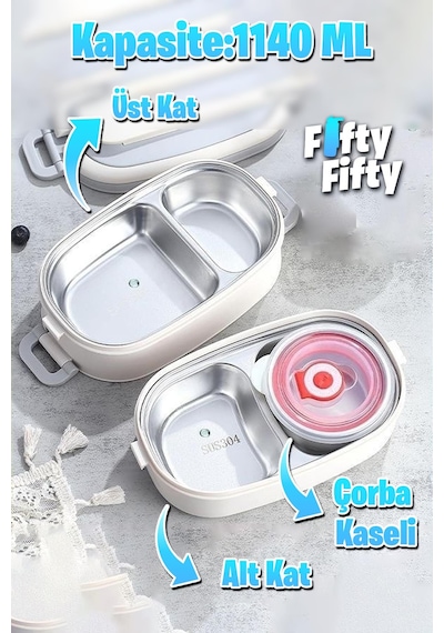 Vagonlife 1140 Ml 2 Kat Paslanmaz Çelik Çorba Kaseli Bento Lunch Box Yeni Nesil Sefer Tası -fflbox10403 Bej