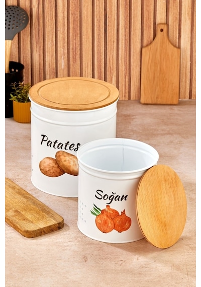 2 Katlı Ahşap Kapaklı Metal Patates Soğan Kovası - Sebzelik - Patates Soğanlık Sepeti Beyaz