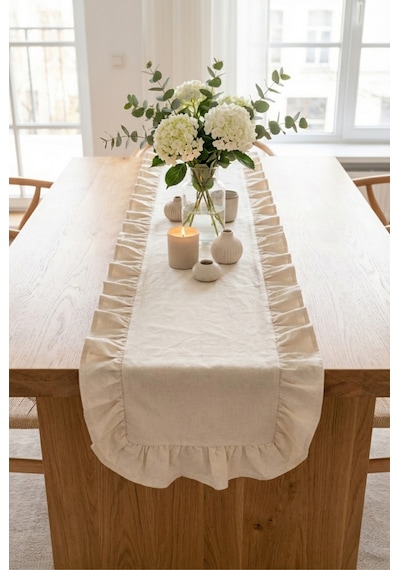 Ham Naturel Fırfırlı Keten Runner - 40x110 Cm Beyaz