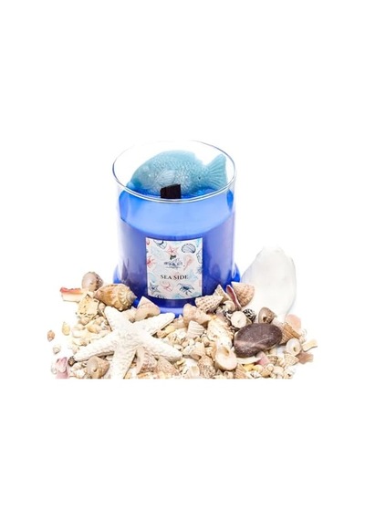 Büyük Üfleme Cam Balık Dekorlu Saks Mavisi Ocean Breeze Kokulu Vegan Mum 380 Gr 50 x 22