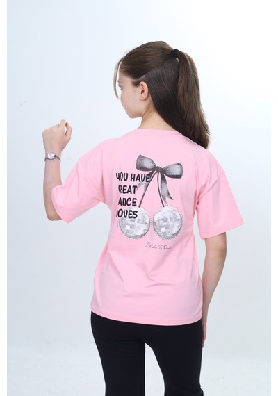Toontoy Kids Toontoy Kız Çocuk Bisiklet Yaka Düşük Omuz Kısa Kollu Baskılı Tişört 24973 Pembe
