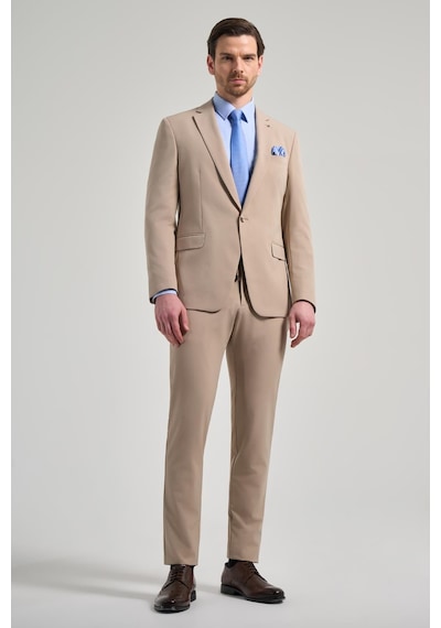 İmza Düz Gabardin Mono Yaka Tam Astar Beli Lastikli Esnek 6 Drop Slim Fit Takım Elbise 1001250155 Koyu Bej