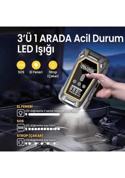 10.000 Mah Taşınabilir Akü Takviye Jump Starter Ve Lastik Şişirme Pompası Kompresör - 12v 7.0l Benzin / 5.5l Dizel Uyumlu