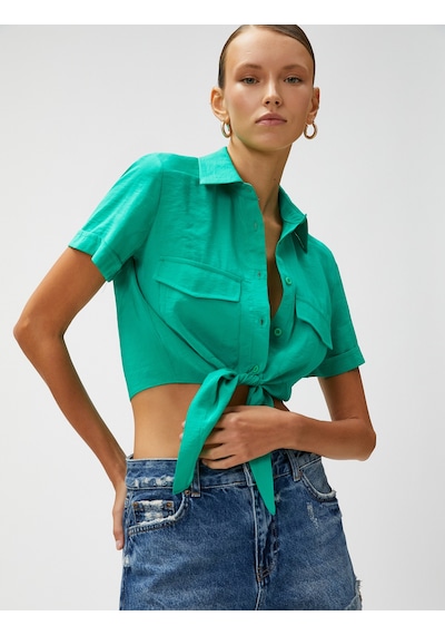Koton Crop Gömlek Bağlama Detaylı Modal Karışımlı Yeşil 3sak60001ew Koyu Haki