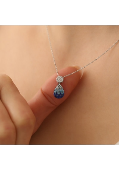 925 Ayar Gümüş Işıltılı Mavi Tonlamalı Drop Kolye