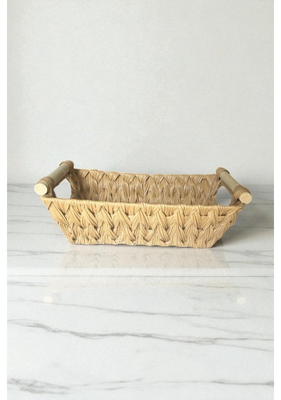 Plastik Rattan Ahşap Sap Ekmeklik, Ekmek Sepeti Dikdörtgen, Organizer Krem