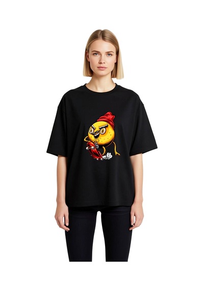 Paybuy Kadın Oversize Tişört Kısa Kol Yuvarlak Yaka Cartoon Patates Skat Siyah