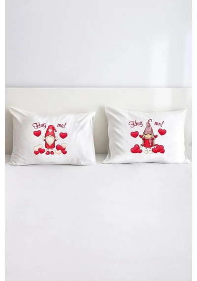 Happy Valantine Gnome Hug Me Pamuklu Çift Kişilik 50x70 cm Yastık Kılıfı Seti