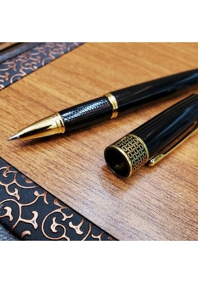 Hubrendy Emin Siyah Kutulu Yaldız Desenli Metal Roller Kalem Seti