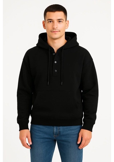 Erkek Ovarsize Kapüşonlu Swetshirt Kanguru Çepli Cıtcıtlı 3 İplik Şardonlu Hoodie - Siyah Siyah Erkek Ovarsize Kapüşonlu Swetshirt Kanguru Çepli Cıtcıtlı 3 İplik Şardonlu Hoodie - Siyah Siyah