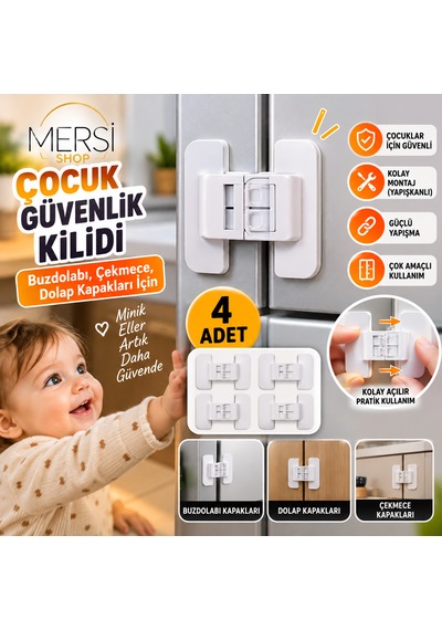 4 Adet Buzdolabı Çekmece Dolap Kapağı Çocuk Güvenlik Kilidi Yapışkanlı Beyaz