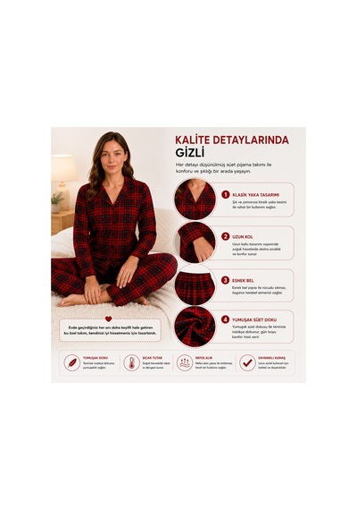 Westicgiyim Kadın Süet Pijama Takımı Kırmızı Ekose Desenli Uzun Kollu Düğmeli Yumuşak Dokulu Kışlık S/m-2xl