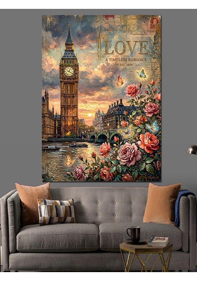 Çiçekli Londra Big Ben Dekoratif Kanvas - Mdf Ahşap Tablo