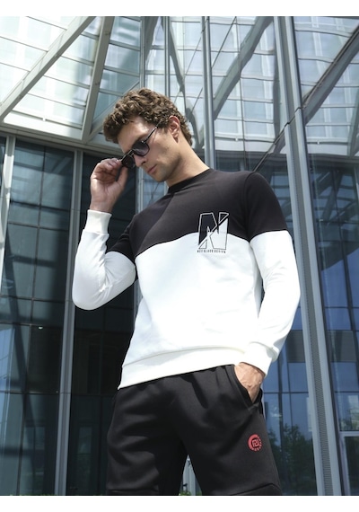 Beyaz Erkek Bisiklet Yaka Logo Nakışlı 3 İplik Çift Renk Sweatshirt Ncs Jeans 1624-beyaz Beyaz