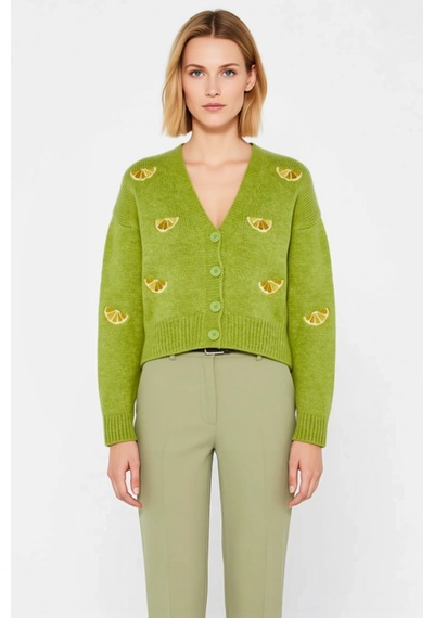 Benerly Kadın Oversize Crop V Yaka Düşük Kol Nakışlı Triko Hırka Portakal Yeşil