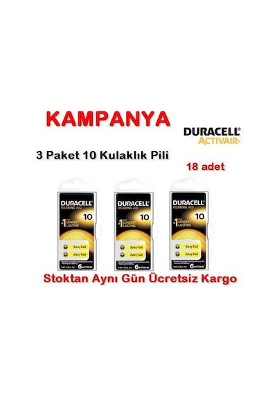 Duracell 10 Numara Pil Kulak İçi Işitme Cihazı Pili 3 Paket-Topla