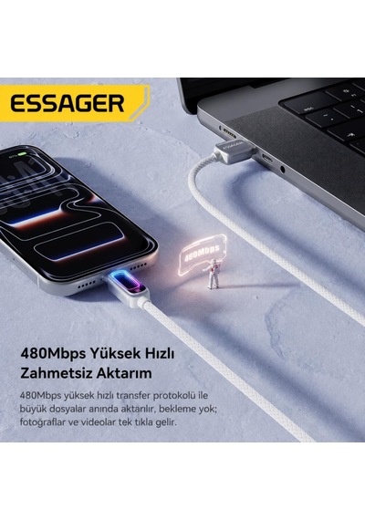 Tr 2 Metre 100w Type-c To Type-c Pd Hızlı Şarj Kablosu 5a E-marker Rgb Işıklı 480mbps Örgülü Beyaz