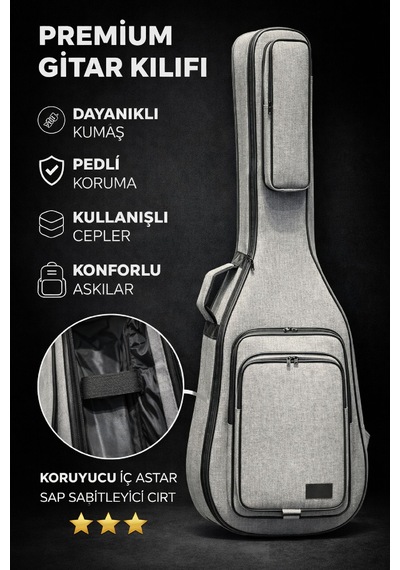 Keten Gri Akustik Gitar Çantası Su Geçirmez Pedli Sap Sabitleyici Cırtlı Gigbag