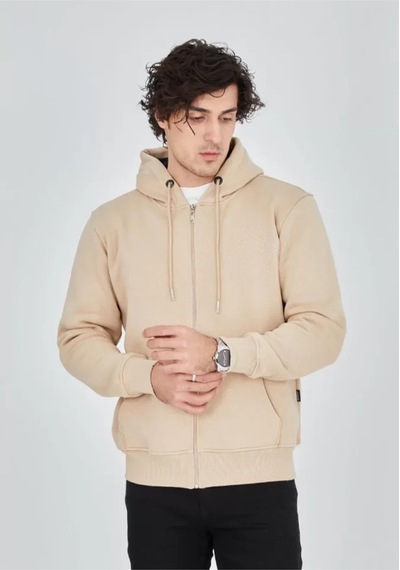 Butik İstanbul Unisex Tam Fermuarlı Kapşonlu Sweatshirt - Bej