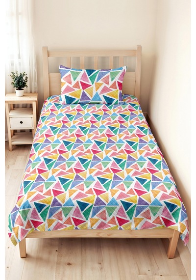 Renkli Geometrik Pastel Genç Odası Tek Kişilik Pike Takımı - Üçgen 160x220 Cm Kapitone Yatak Örtüsü Doğal Saten Kuşağı