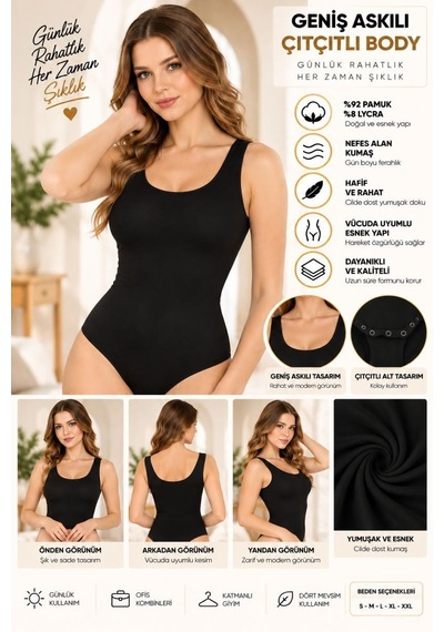 Kadın Geniş Askılı Çıtçıtlı Body Siyah, Esnek Kumaş, Vücuda Oturan Basic Kadın Body - Ryl - 2701 Diğer