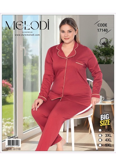 Melodi Kadın Büyük Beden %100 Pamuk Önden Düğmeli Uzun Kol Baharlık Pijama Takımı 17140- 1 Adet Bordo Melodi Kadın Büyük Beden %100 Pamuk Önden Düğmeli Uzun Kol Baharlık Pijama Takımı 17140- 1 Adet Bordo