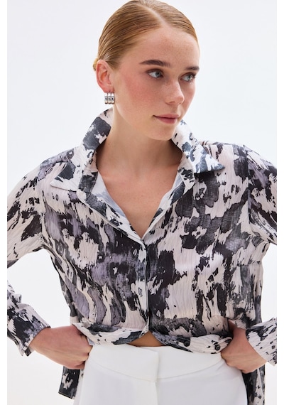 Sateen Desenli Düz Kesim Gömlek - Siyah-136802 Siyah