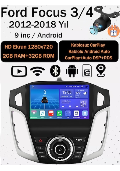Ford Focus 3 / 4 2012-2018 Uyumlu 9'' Android Multimedya Ekran 2gb Ram 32gb Hafıza Kablosuz Carplay Android Auto Navigasyon 9"