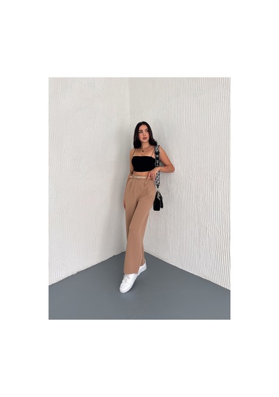 Winmoda34 Kadın Çift Pileli Esnek Kemer Detaylı Palazzo Kumaş Pantolon Bej