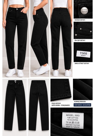 Ymr Moda Siyah Likralı Mom Kadın Kot Pantolon 3303-24/32